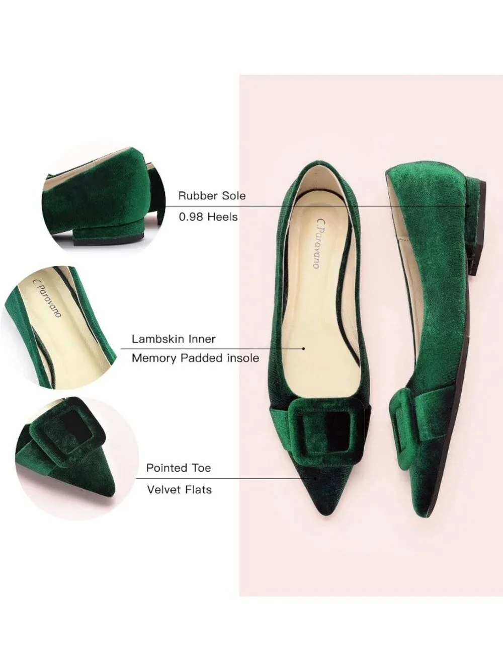 Women's Velvet Green Pointed Toe Square Buckle Flats Slip-On Comfortable Shoes